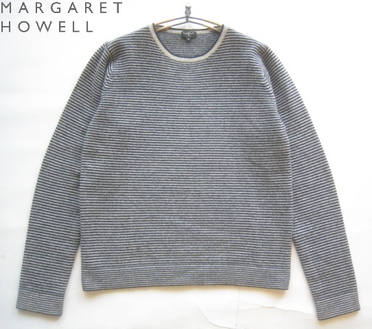 美品日本製!!マーガレットハウエル MARGARET HOWELL*美シルエット ボーダー柄ウールニットセーター M 紺×グレー アングローバル_画像1