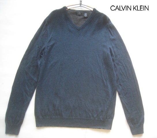 美品!!カルバンクライン Calvin Klein*エクストラファインメリノウールニットセーター L 紺 ネイビー_画像1