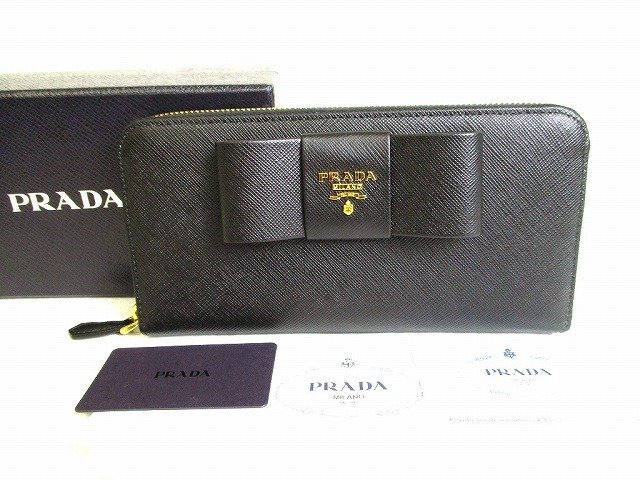未使用保管品】 プラダ PRADA サフィアーノ レザー リボン ラウンド