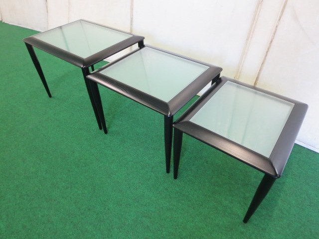 モダン ネストテーブル ガラス天板 木製(黒) 3台 (0410DI)8AT-1_画像1