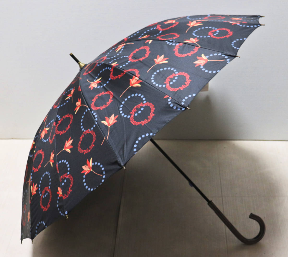 《Multi Weather》新品 防水性・紫外線遮蔽効果コーティング 花柄 晴雨兼用長傘 雨傘 日傘 黒 UVカット率99% 16本骨 A7818