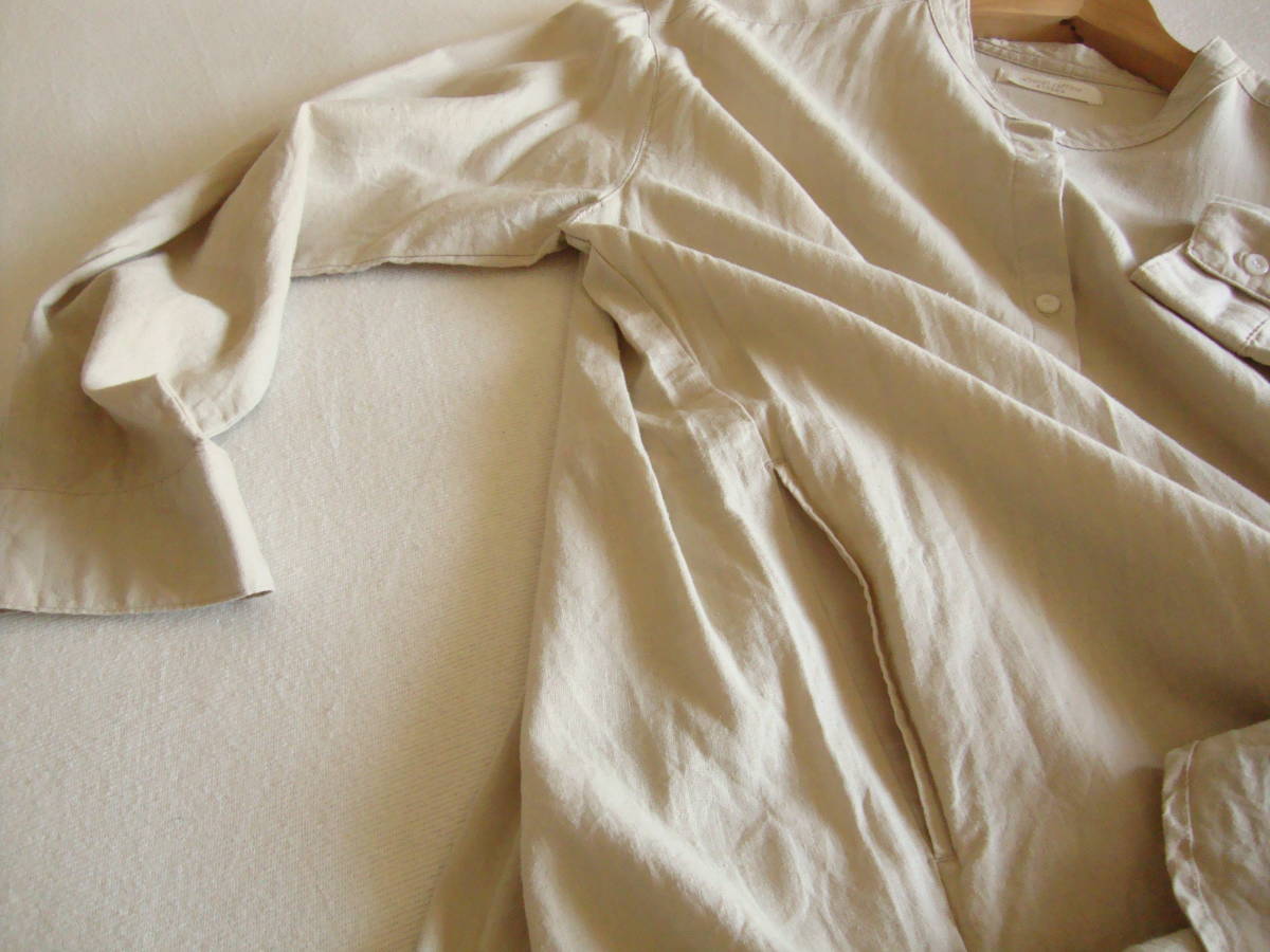 chocol raffine robe ショコラフィネローブ フレンチリネン 長袖 シャツ ワンピース F ライトベージュ スタンドカラー 接触冷感 UV加工_※両サイドにポケットあり