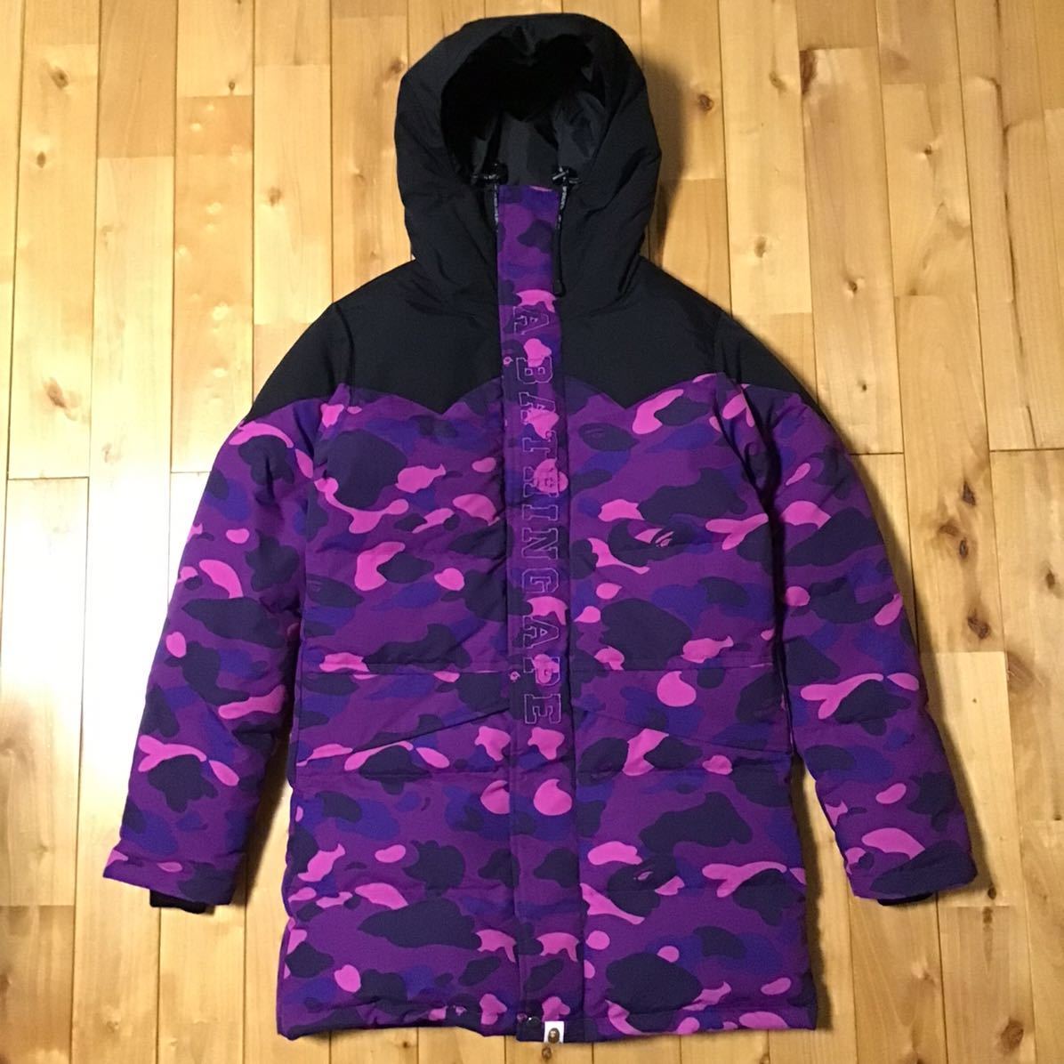 Purple camo ロング ダウンジャケット Sサイズ a bathing ape BAPE long down jacket エイプ ベイプ アベイシングエイプ 迷彩 z25_画像1