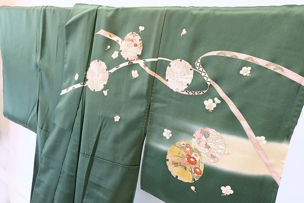 【送料無料】訪問着 灰緑 金駒刺繍 金彩友禅 御所車 雪輪 トールサイズ 身丈167cm フォーマル お洒落 上品 袷 正絹 フォーマル m-4417_画像9