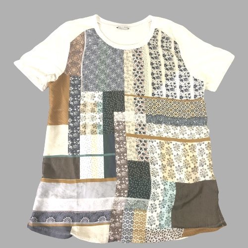 ■【ZARA】ザラ/パッチワーク　グラフィック　切替え　半袖　ニット　Tシャツ[L]白《中古△》/_画像1