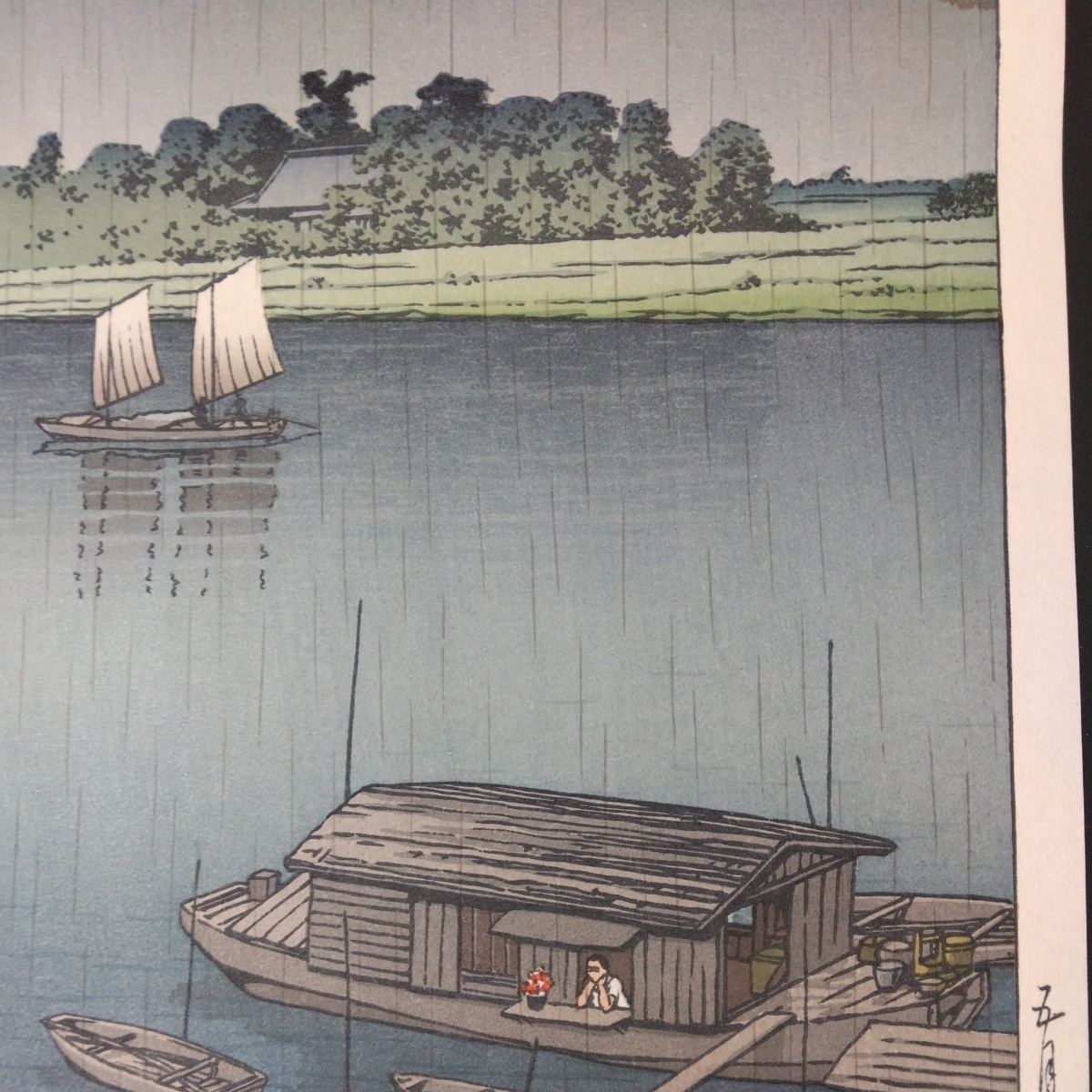 真作】川瀬巴水 五月雨(荒川) 昭和七年 手刷 版画 後摺 木 真作】川瀬巴水 五月雨(荒川) 昭和七年 手刷 版画 後摺 木