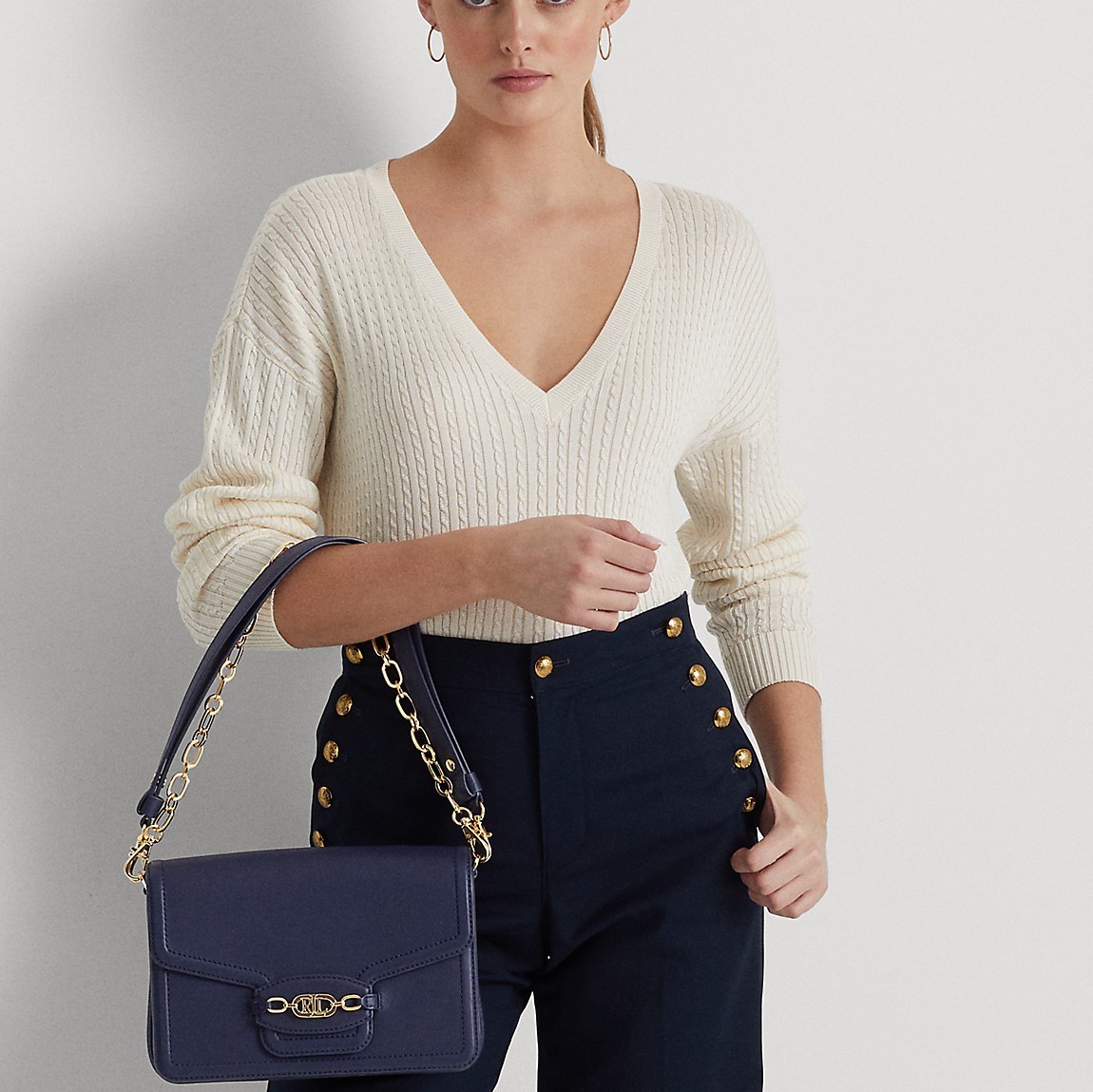 ローレンラルフローレン 新作 レザー ミディアム Sydnee ショルダー バッグ ネイビー レディース LAUREN RALPH LAUREN 国内正規品