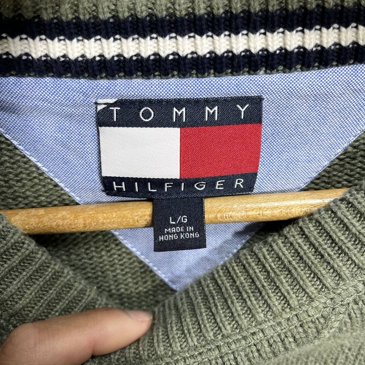 ■ ビンテージ TOMMY HILFIGER トミーヒルフィガー ワンポイント 刺繍ロゴ コットン ニット セーター サイズL グリーン アメカジ ■_画像3