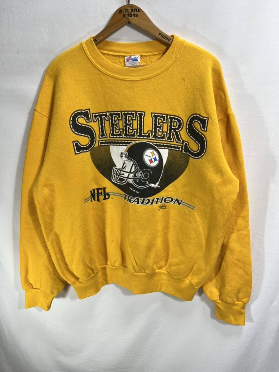 ■ 90s 90年代 ビンテージ USA製 Majestic NFL Steelers スティーラーズ イラスト スウェット トレーナー サイズL マスタード アメフト ■_画像1