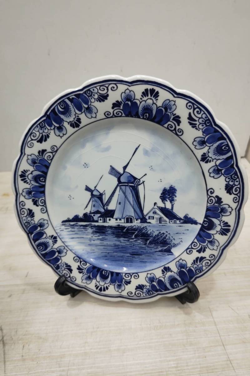 送料無料S73949 Delft Blue Plate　風車　陶器プレート皿　直径約27cm_画像1