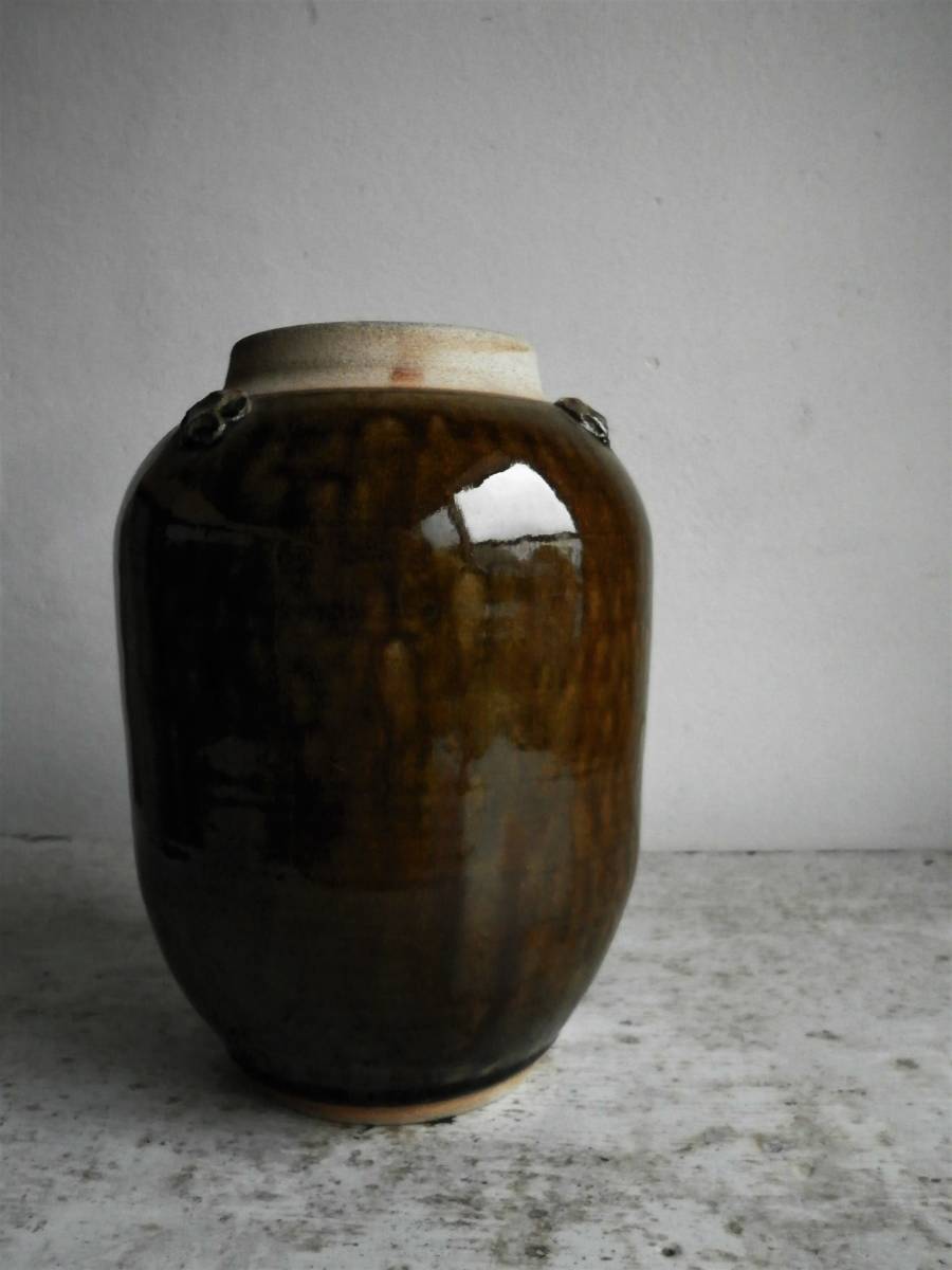 レトロ/陶器/作家/壺/花瓶/花器/茶系/カーキ色/和風/古道具/骨董市
