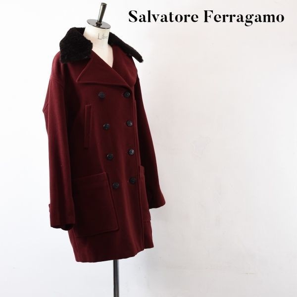SS A1799 高級 Salvatore Ferragamo サルヴァトーレフェラガモ 襟取り外し可能 レザー ボア ロング チェスター コート ジャケット レッド系