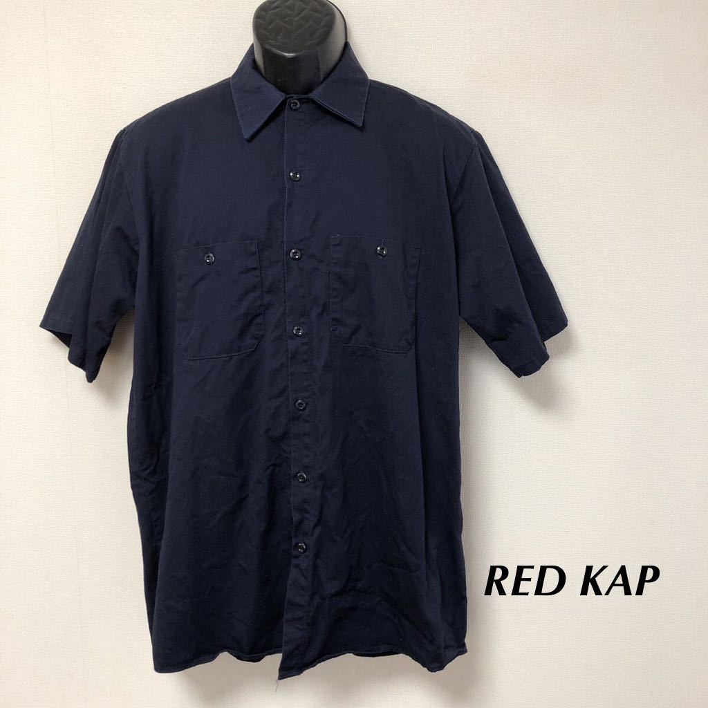 RED KAP◇レッドキャップ /メンズL ワークシャツ 半袖シャツ トップス ネイビー 無地 二つポケット コットンシャツ アメカジ USA古着_画像1