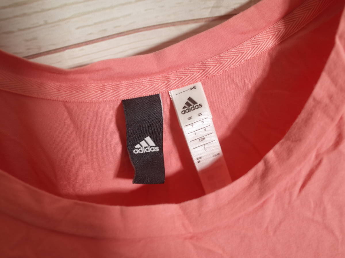 レディース pg586 adidas アディダス ロゴ プリント 半袖 Tシャツ L ピンク系_画像3