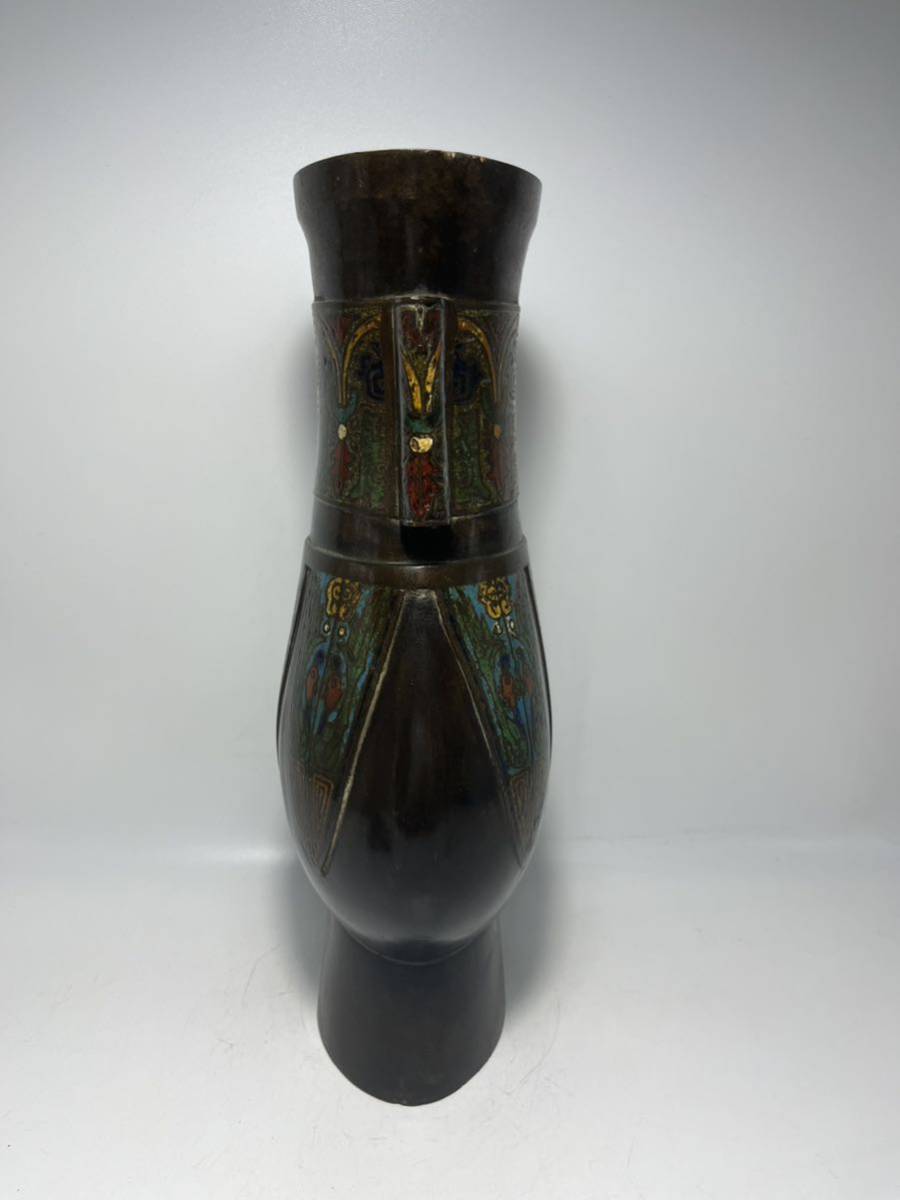 中国 明代 古銅 景泰藍 貫耳 銅瓶 法瑯 七宝 花瓶 高H32cm_画像7