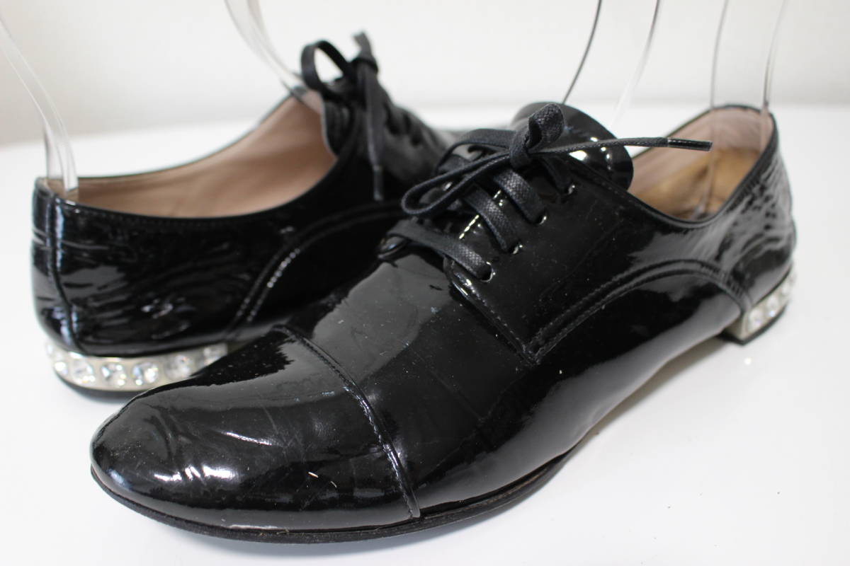 D372 genuine article miumiumyuumyu rhinestone race up shoes dress shoes enamel black black 37.5 approximately 23.5cm~ approximately 24cm