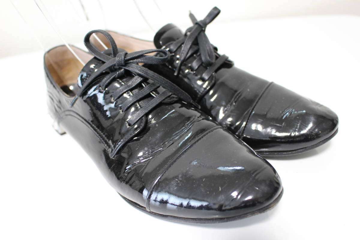 D372 genuine article miumiumyuumyu rhinestone race up shoes dress shoes enamel black black 37.5 approximately 23.5cm~ approximately 24cm