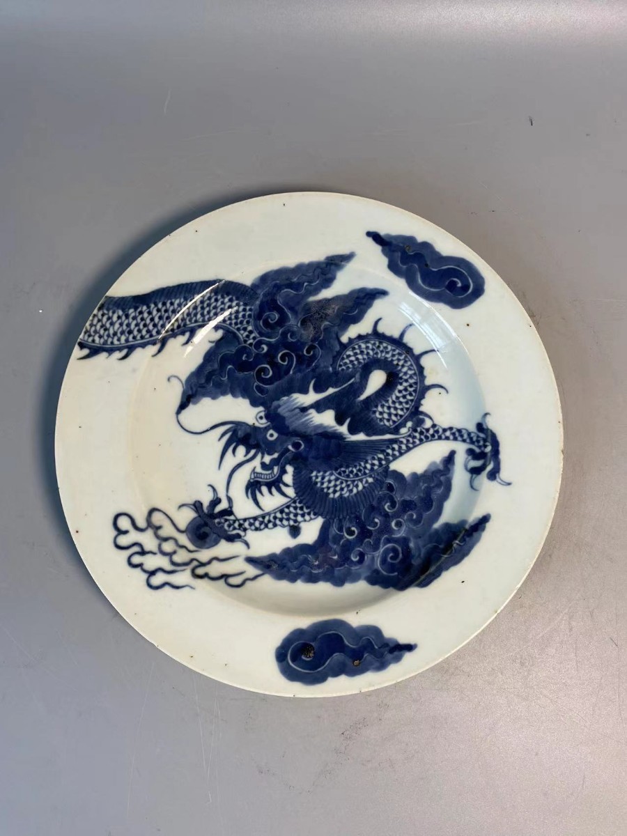 旧家蔵出 清朝期 陶磁器 景徳鎮製 青花大皿 染付 煎茶道具 中国古玩 唐