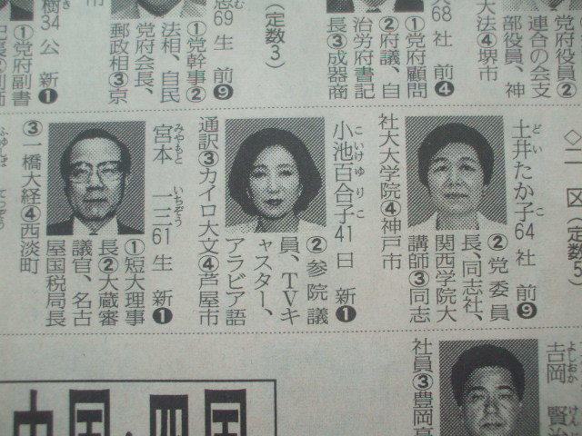 朝日 1993年7月19日　第40回総選挙結果　■安倍晋三(38歳)初当選　岸田文雄(35)初当選　小池百合子(41歳)初当選　高市早苗初　野田聖子初_小池百合子(41歳)初当選