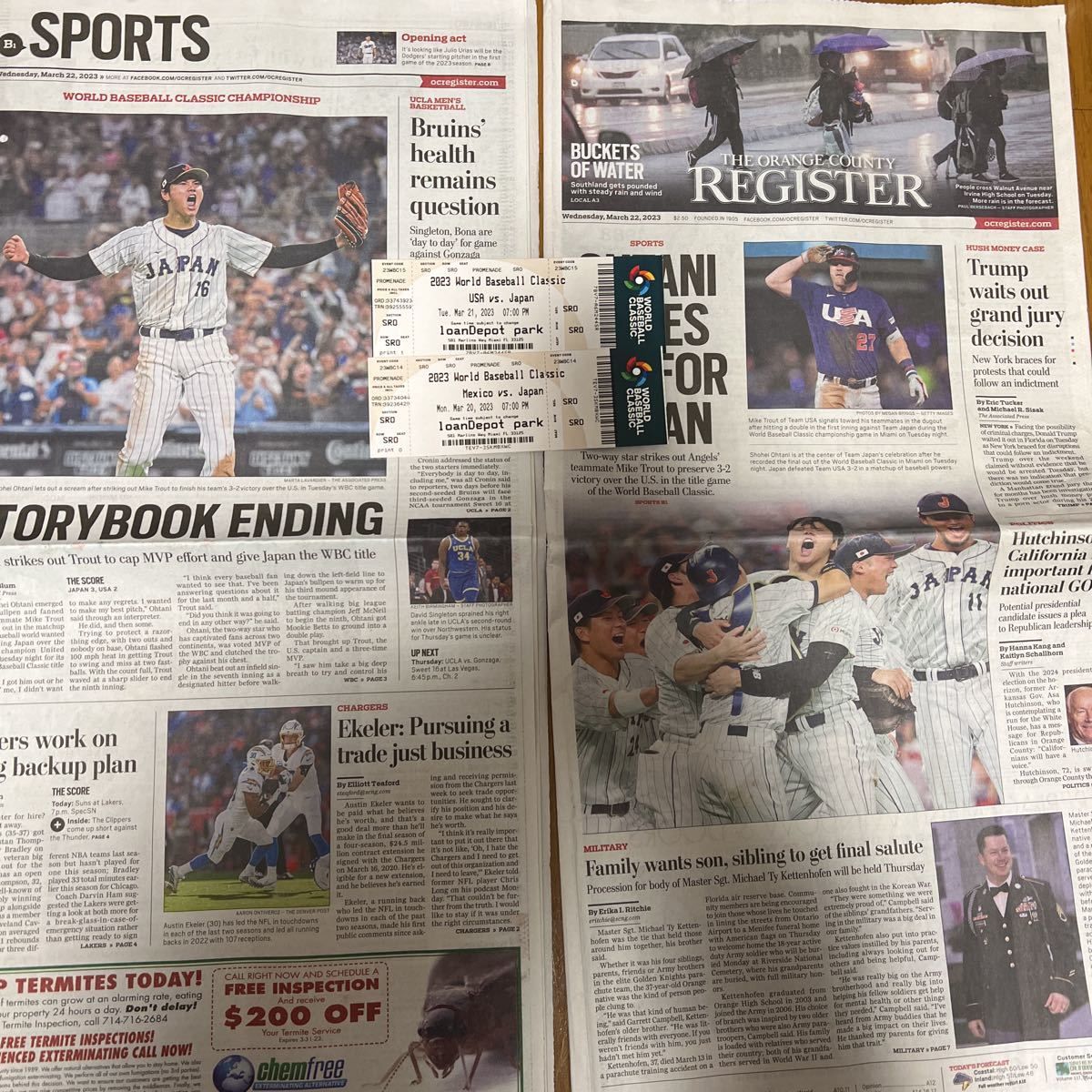 2023 WBC 準決勝+決勝 未使用チケット+英字新聞 美品 大谷翔平 2023 WBC 準決勝+決勝 未使用チケット+英字新聞 美品 大谷翔平