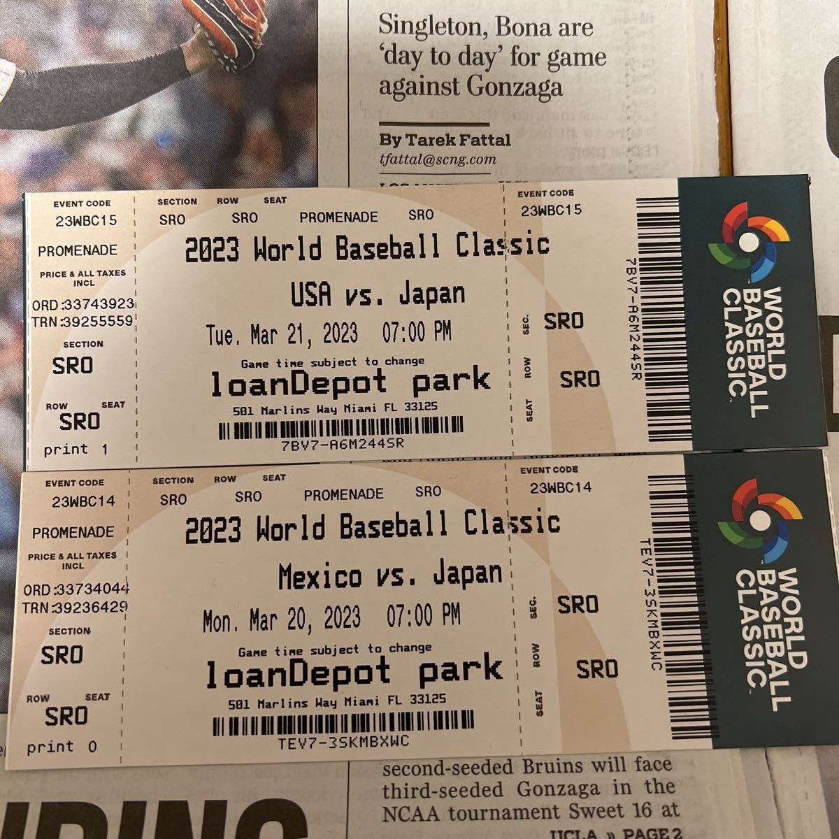 2023 WBC 準決勝+決勝 未使用チケット+英字新聞 美品 大谷翔平 2023 WBC 準決勝+決勝 未使用チケット+英字新聞 美品 大谷翔平