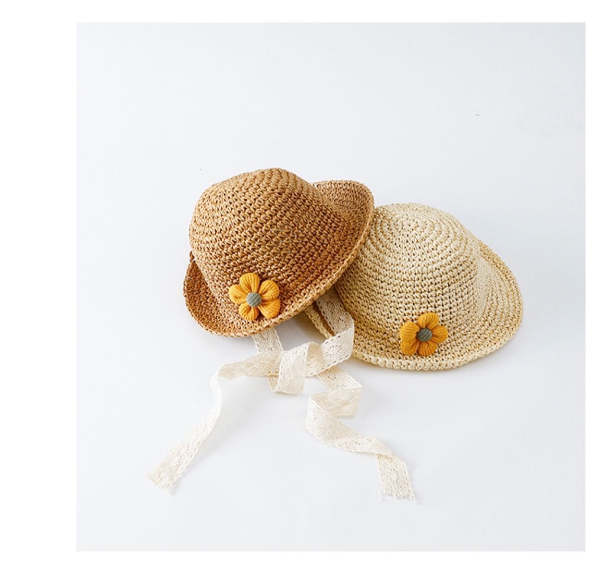 キッズ　麦わら　帽子　可愛い　子供　日焼け対策　UV対策　日差し　2色　48cm 韓国　雑貨　小物　ブラウン　ナチュラル