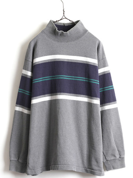 80s USA製 大きいサイズ XL ■ エルエルビーン モックネック ボーダー 長袖 Tシャツ メンズ / LLBEAN 80年代 ビンテージ アウトドア ロンT_画像1