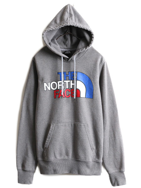 ■ ノースフェイス プリント スウェット フード パーカー メンズ XS / 古着 The North Face スエット 裏起毛 アウトドア トリコロール 濃灰_画像1