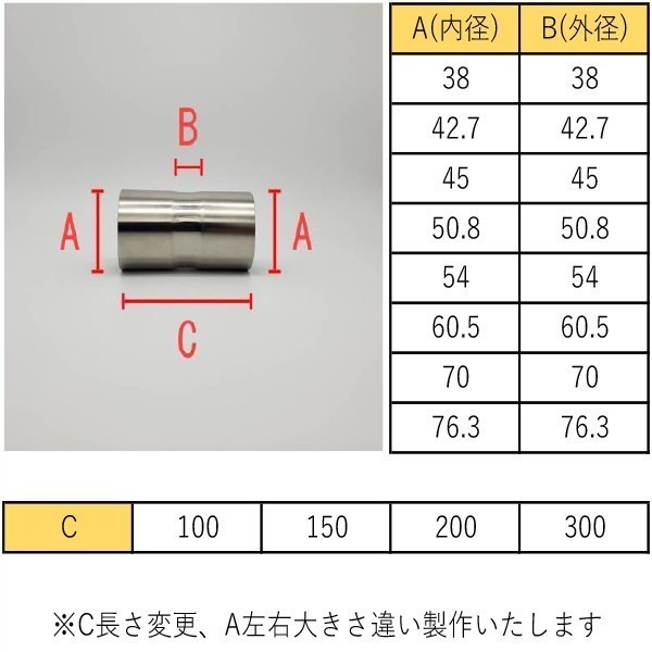 ジョイントパイプ 45φ　全長200mm　両側差込　延長　ステンレス　新品_画像3