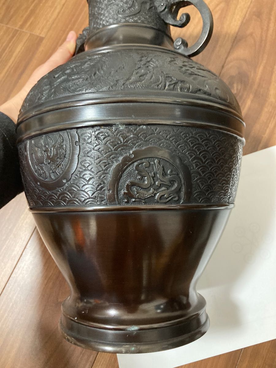 高岡銅器 兼荀 双龍獣耳骨董品 峰雲 花瓶花器 アンティーク青銅尺3寸