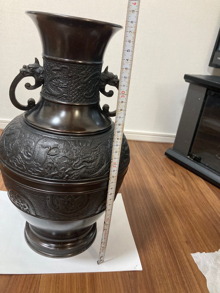 高岡銅器 兼荀 双龍獣耳骨董品 峰雲 花瓶花器 アンティーク青銅尺3寸