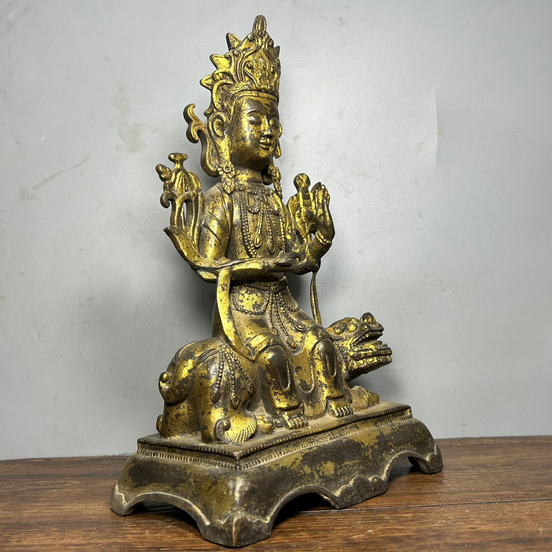 銅製・金鍍・彩繪・文殊普賢菩薩像一對『収蔵家蔵』稀少珍品・置物・古