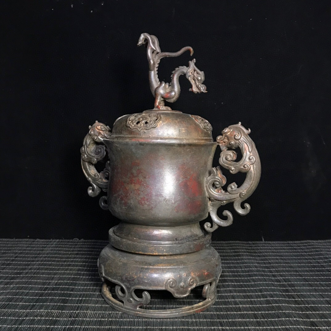 銅製・泥金・朱砂・雙龍耳・龍蓋熏香炉収蔵家蔵置物・古賞物・古
