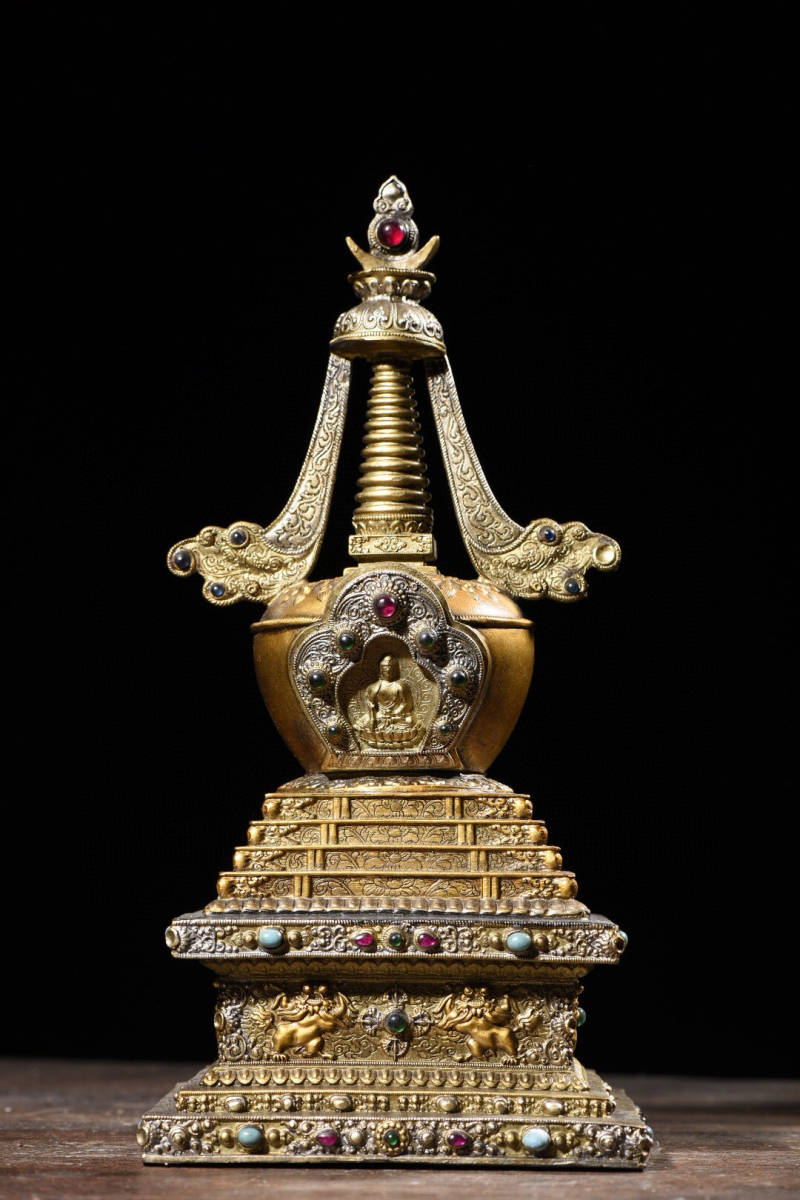 銅製・金鍍・彩繪・寶石嵌・舍利塔『収蔵家蔵』稀少珍品・置物・古賞物