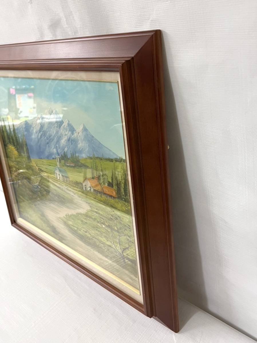 真作 吉岡貞夫 油彩 風景画「アルプスの村」肉筆 油絵 F10号 木製額 外