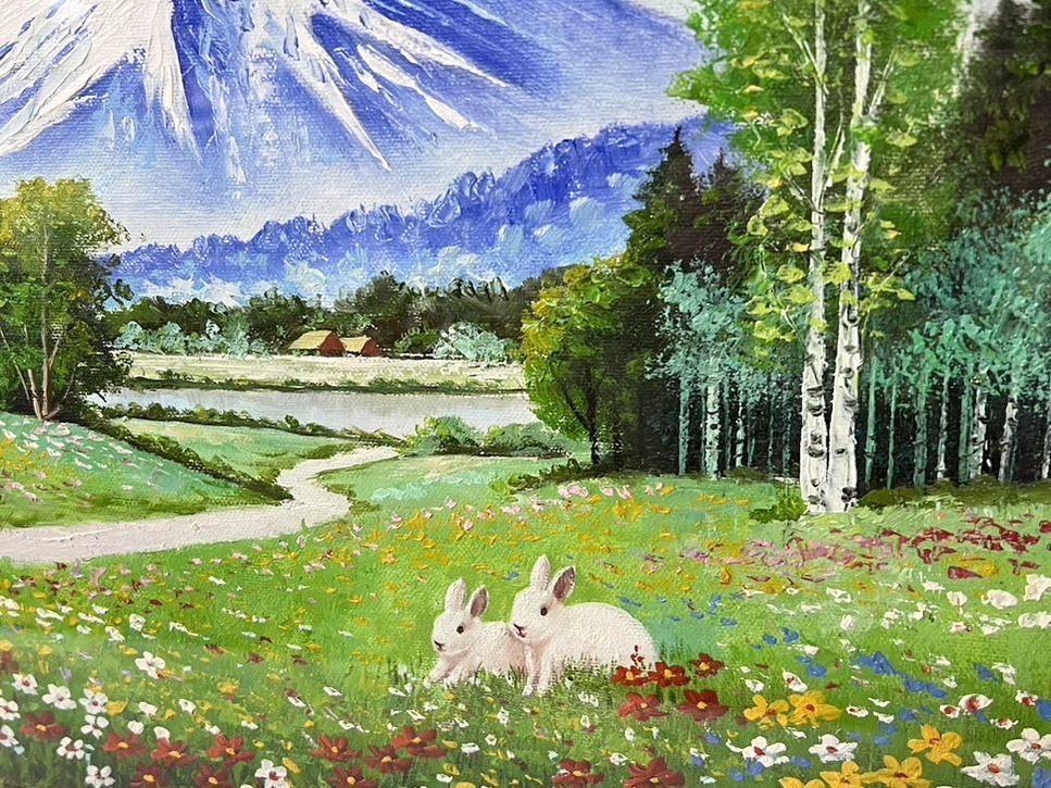 肉筆！E.Kudo銘入り 油彩画 風景画 山 花畑 うさぎ メルヘン 高級 金彩木製額縁付き 外寸58.5×49.5×30mm 自然 美術品 アート 油絵 絵画 B_画像3