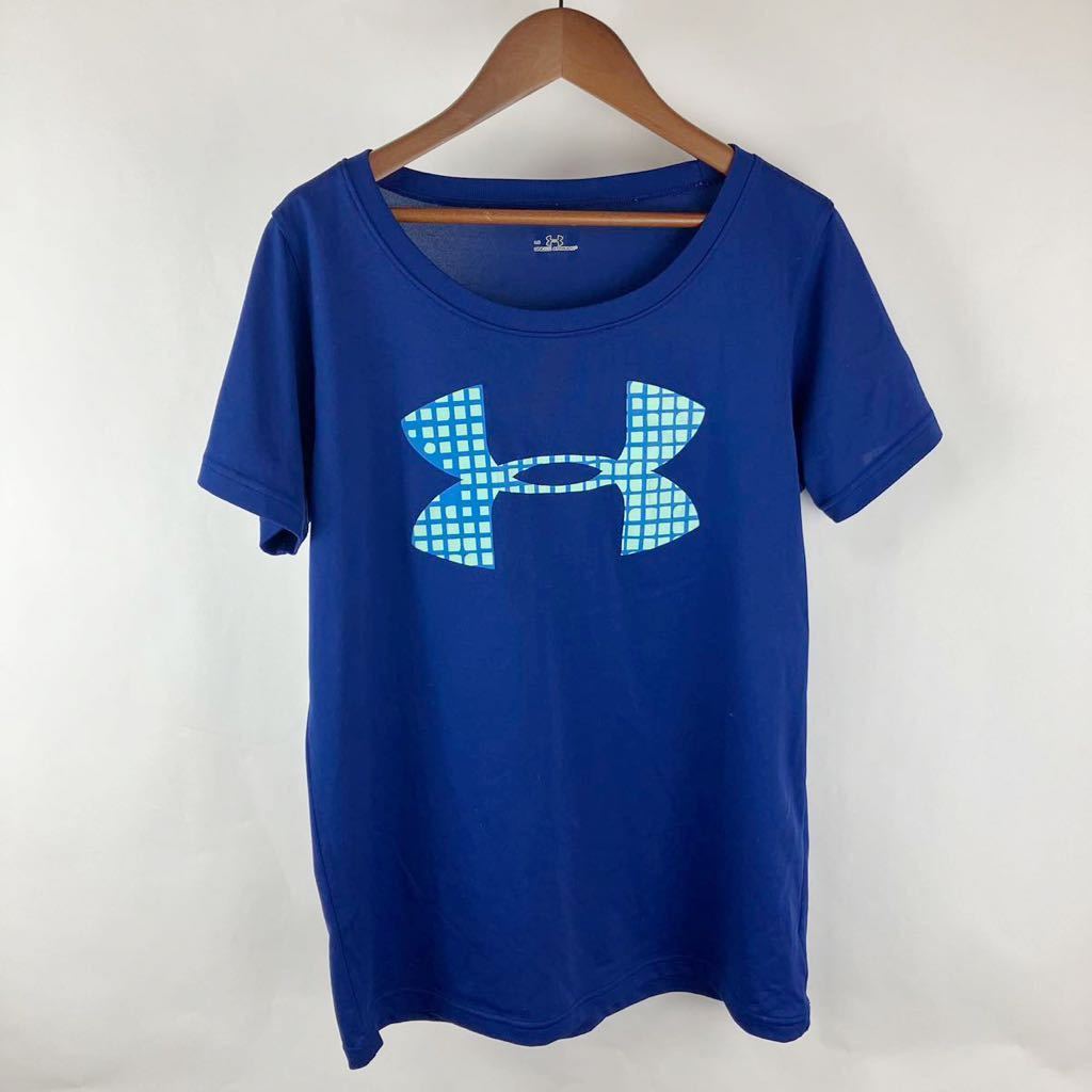 UNDER ARMOUR アンダーアーマー レディース LGサイズ Lサイズ相当 半袖Tシャツ ロゴTシャツ スポーツウェア ブルー ワンポイント Uネック