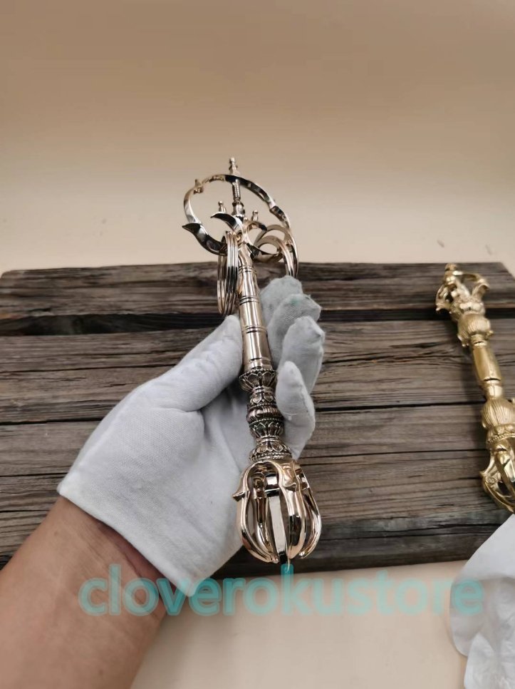 「密教法具 前具 寺院用仏具」五鈷杵錫杖 真鍮製磨き仕上げ 長さ 24cm