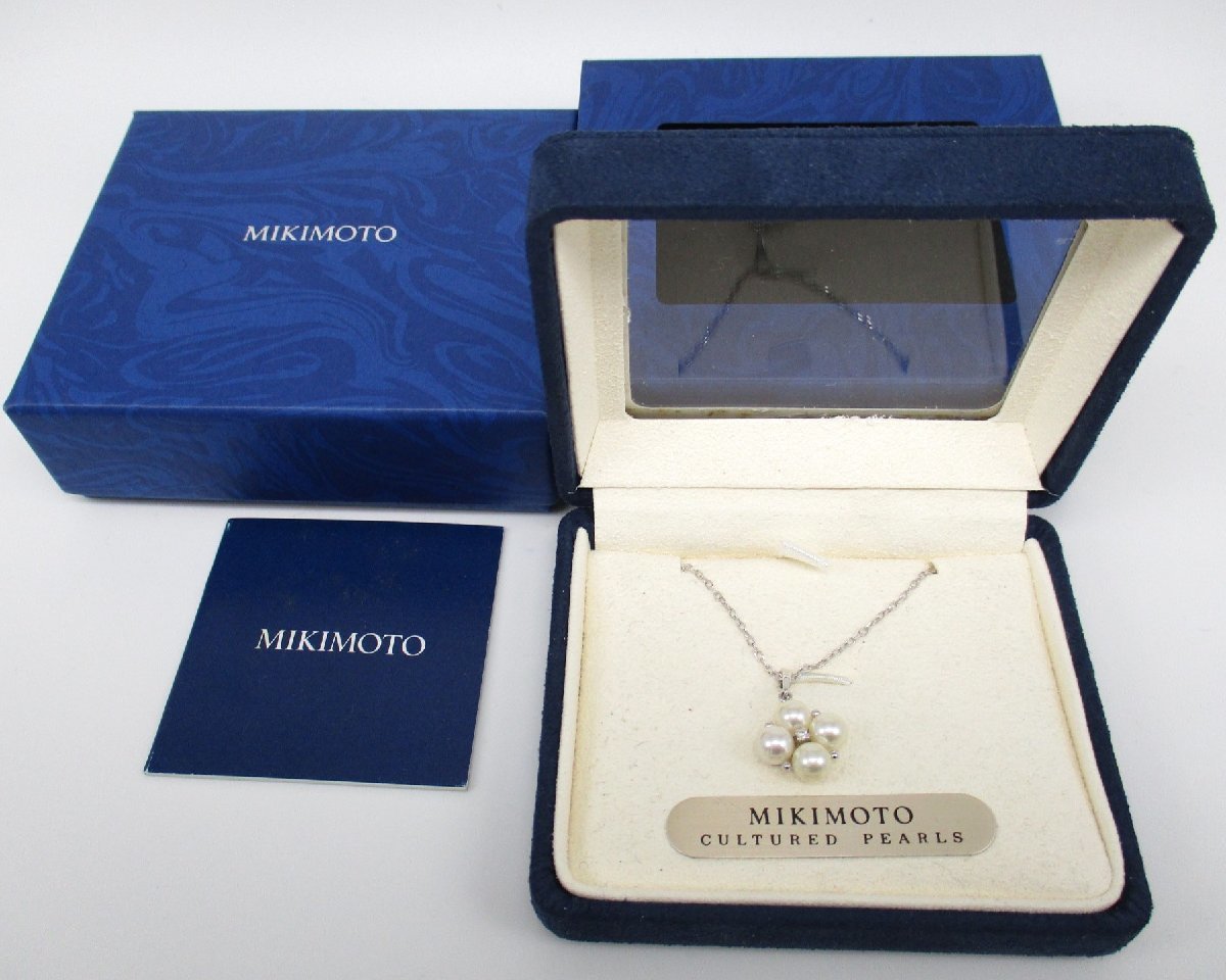 □ミキモト□美品□18金WGダイヤ スクエアパールペンダントネックレス