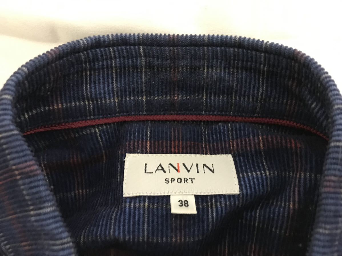 本物ランバンスポーツLANVIN SPORTコットンコーデュロイチェック柄長袖シャツコートメンズミリタリービジネススーツ紺ネイビー38M日本製