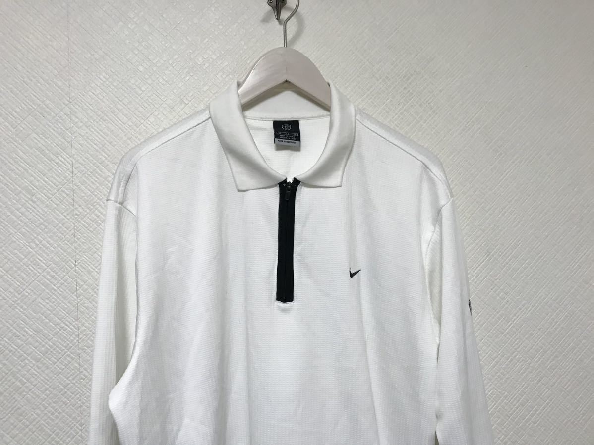 本物ナイキゴルフNIKE GOLFロゴ刺繍ハーフジップ長袖ポロシャツメンズアメカジサーフミリタリービジネススーツXL白ホワイトアウトドア