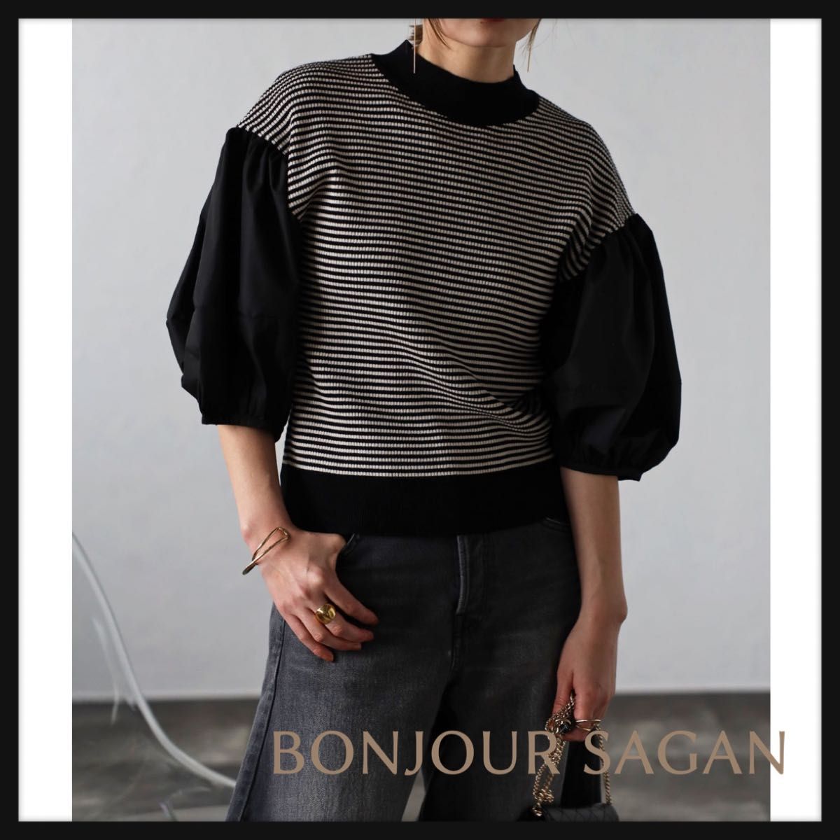 \最終価格/【新品】bonjour sagan 異素材パフスリーブニットトップス   ブラック×ホワイト  公式サイト完売品！