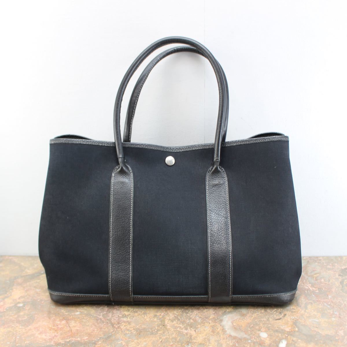 HERMES CANVAS LEATHER TOTE BAG MADE IN FRANCE/エルメスガーデンパーティーキャンバスレザートートバッグ_画像1