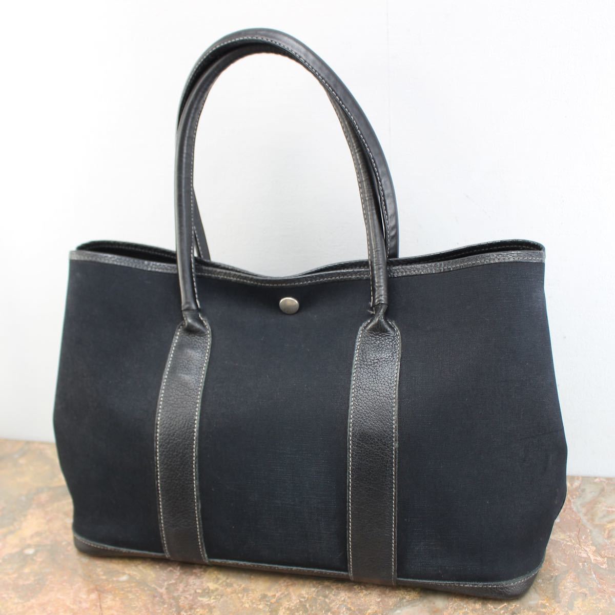 HERMES CANVAS LEATHER TOTE BAG MADE IN FRANCE/エルメスガーデンパーティーキャンバスレザートートバッグ_画像3