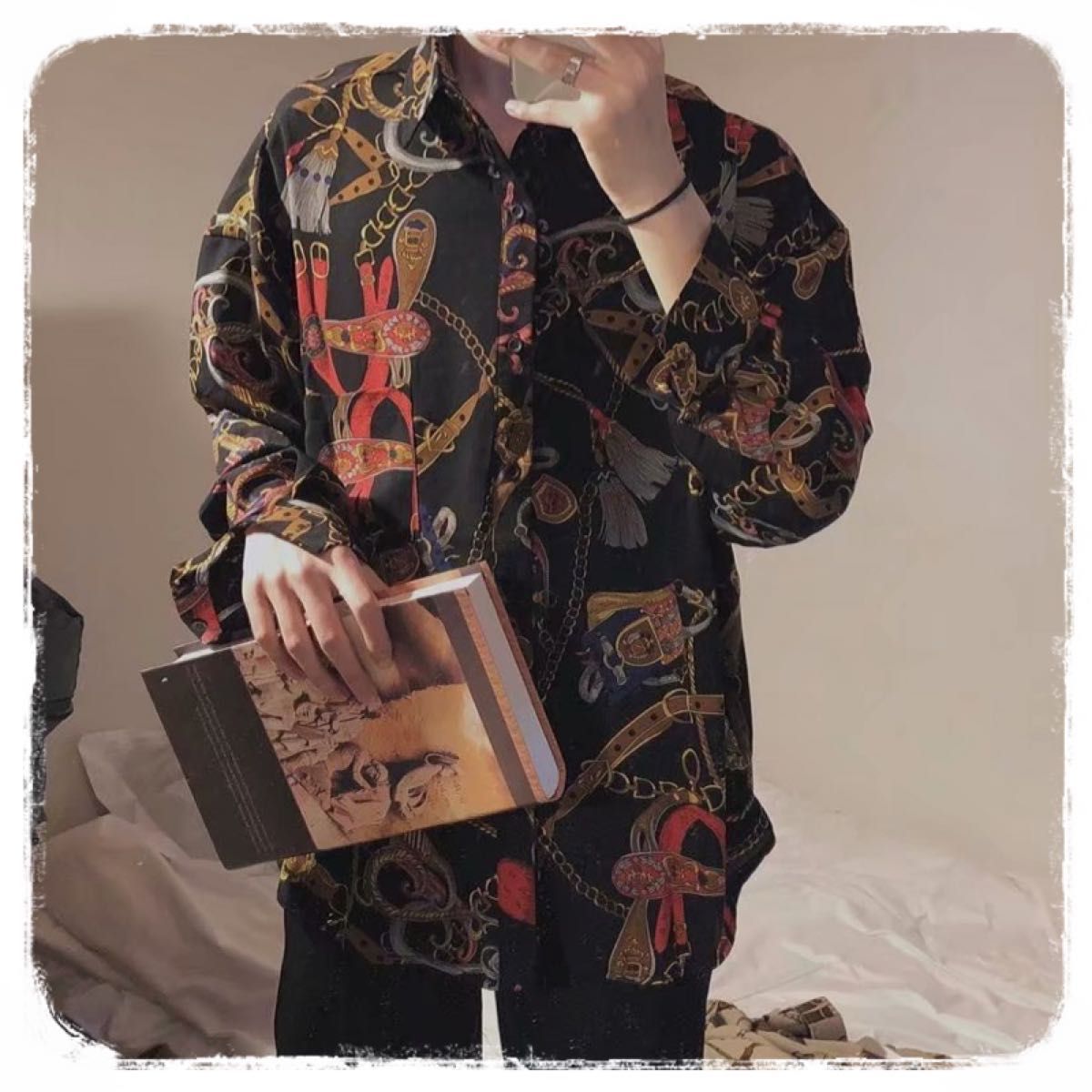メンズ コーデ おしゃれ 長袖 総柄 シャツ チェーン ポリシャツ 韓国 オルチャン ストリート レトロ 呂布カルマ ビンテージ