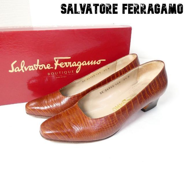 人気の新作 Salvatore 良品 Ferragamo A1957 茶 約24㎝ 6.5 パンプス ローヒール スクエアトゥ レザー クロコダイル型押し サルヴァトーレフェラガモ 6ハーフ