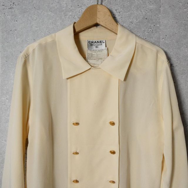  superior article beautiful CHANEL Chanel size 38 cream color double breast long sleeve shirt blouse silk 100% gold button 