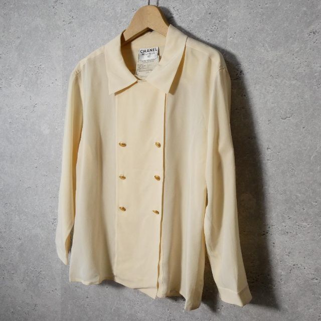  superior article beautiful CHANEL Chanel size 38 cream color double breast long sleeve shirt blouse silk 100% gold button 