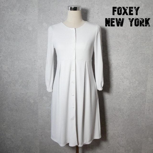 美品 FOXEY NEW YORK フォクシーニューヨーク サイズ38 膝丈 七分袖 クルーネック シャツワンピース ストレッチ 白 ホワイト_画像1