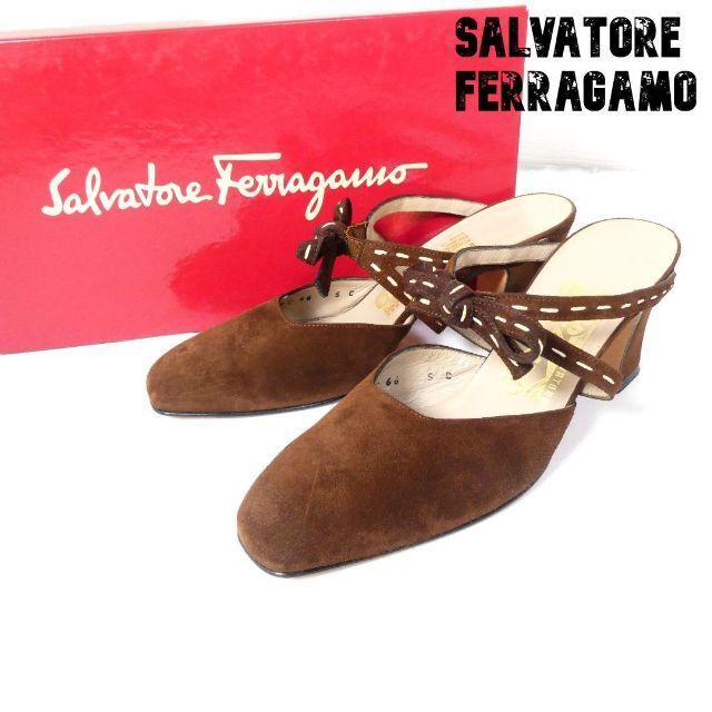 美品 Salvatore Ferragamo サルヴァトーレフェラガモ スエード 甲ストラップ スクエアトゥ チャンキーヒール サンダル 5C ブラウン A2028